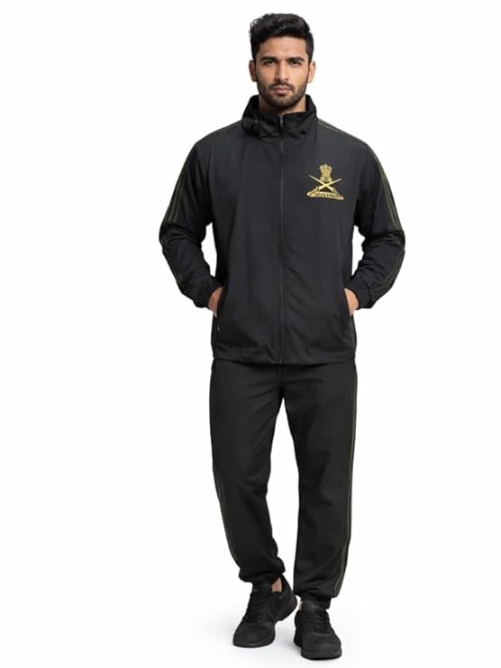 Army New Pattern Men's Indian Army Printed Track Suit Set - Full Sleeve (Black with Green Strips) Zipper Jacket & Track Pant, Sportswear & Casual Wear